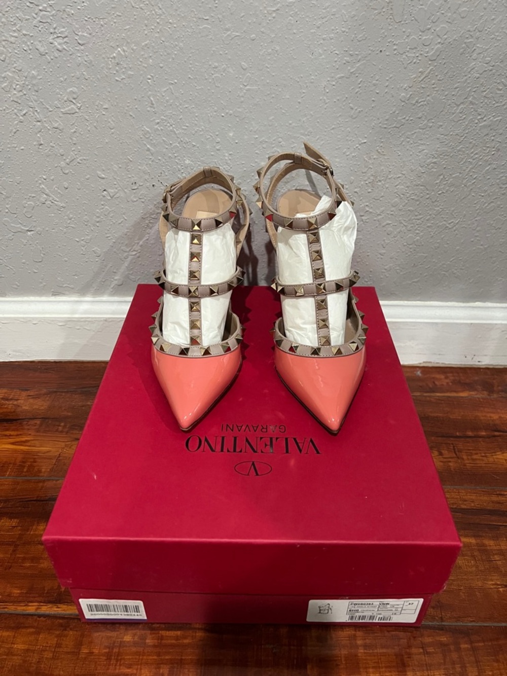 Valentino Patent Pointed Rockstud T-Strap Pumps in Coral and Beige